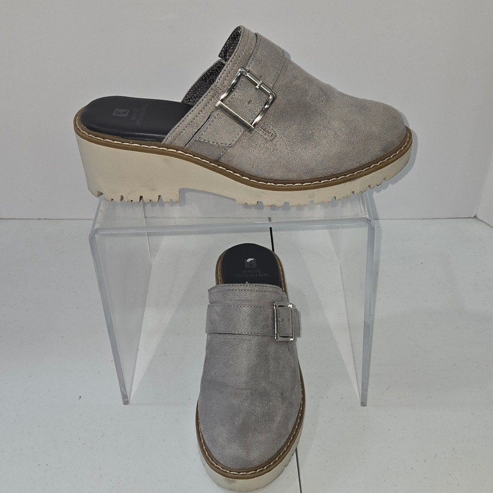 White Mountain Daring Grey Suede Lug Sole Platform Mules Clogs 7W